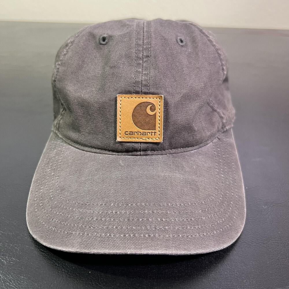 Carhartt Hat Cap Strap Back One Size Mens Gray Canvas Leather Patch Workwear